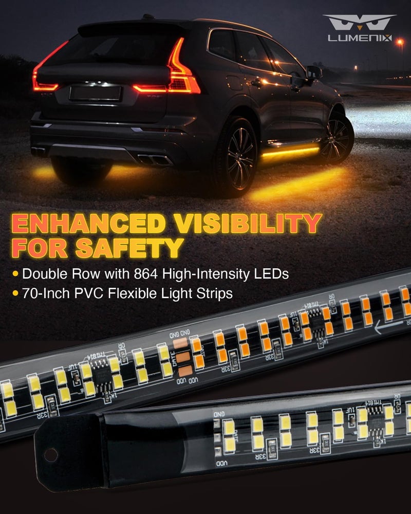 LUMENIX 2PCS 70 Inch Emergency Strobe Lights Strip LED Running Board Flexible Lights Bar Flashing Warning Hazard Safety Side Light for Construction Vehicles Tow Work Trucks Pickups - Amber - Image 2